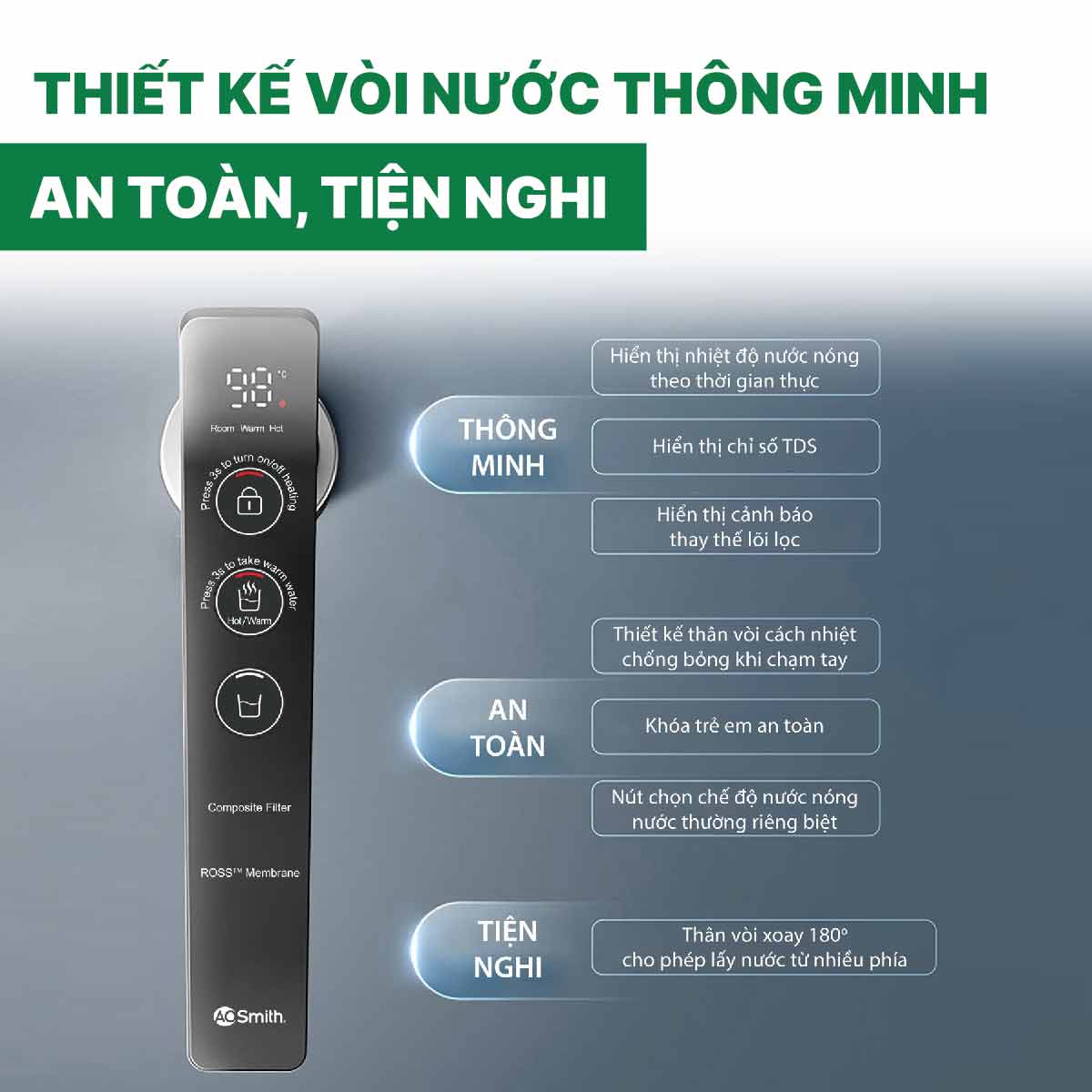 Máy lọc nước A. O. Smith ROSS™ LUX-AOU800HOT