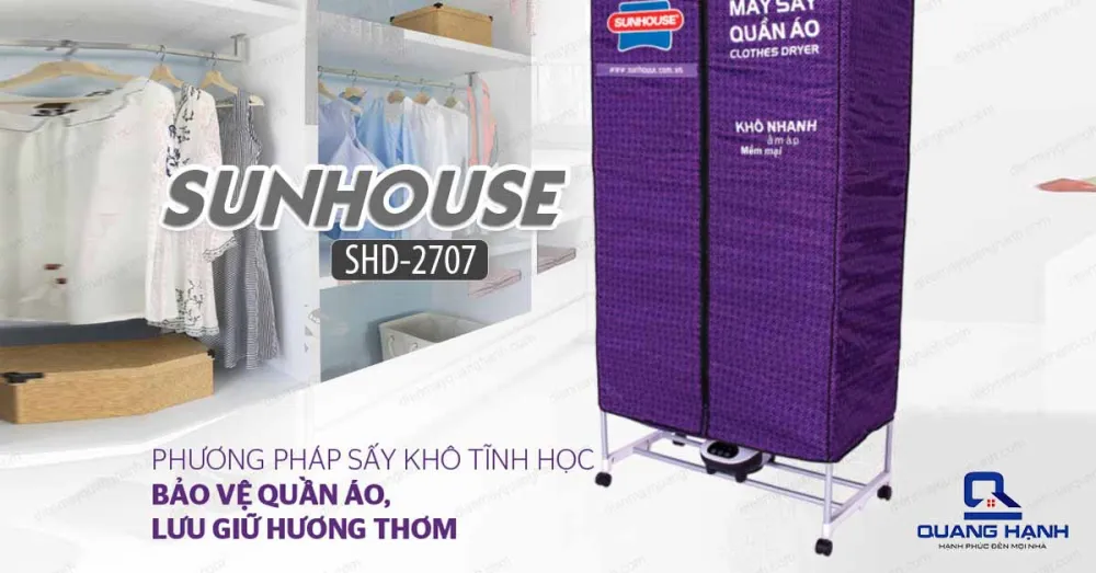 Máy sấy quần áo Sunhouse SHD2707 sử dụng phương pháp sấy khô tĩnh học giúp quá trình sấy không làm hư hỏng quần áo.