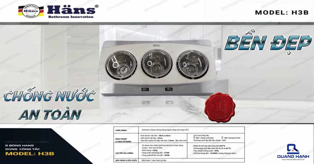 Đèn sưởi nhà tắm Hans 3 bóng H3B áp dụng tiêu chuẩn chống nước IPX4 chồng nước an toàn, bền đẹp.