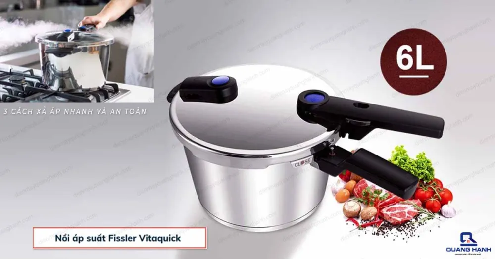 Nồi áp suất Fissler Vitaquick 6L được trang bị 3 cách xả áp nhanh và đảm bảo an toàn.