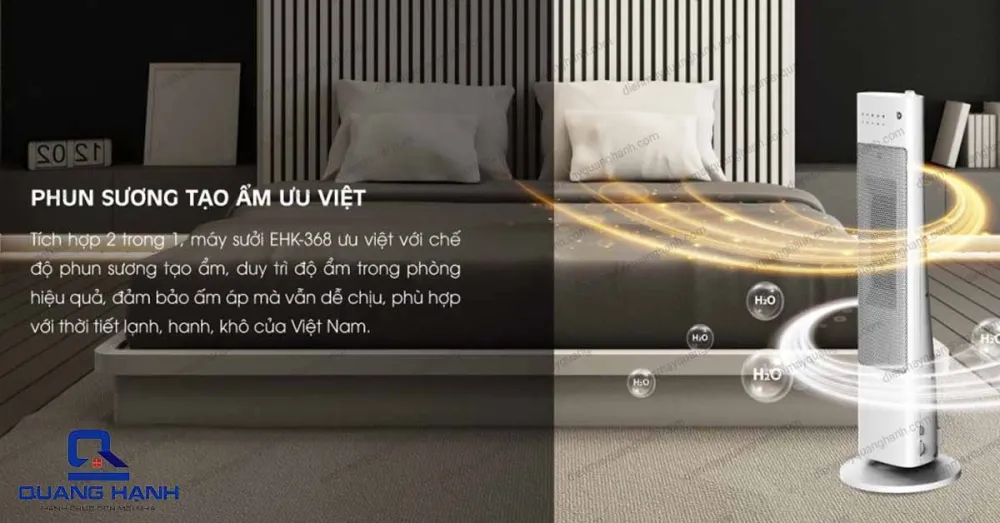 Máy sưởi tháp Korihome EHK-368 ưu việt hơn khi được trang bị chế độ phun sương tạo ẩm.