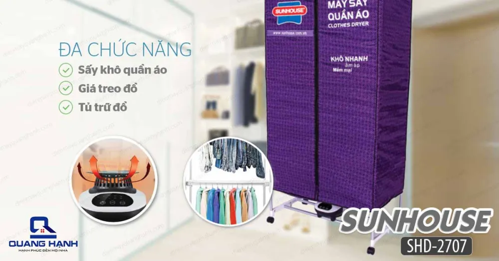 Máy sấy quần áo Sunhouse SHD 2707 là máy sấy quần áo thông minh đa chức năng vừa sấy quần áo vừa có thể là tủ trữ hoặc treo đồ.