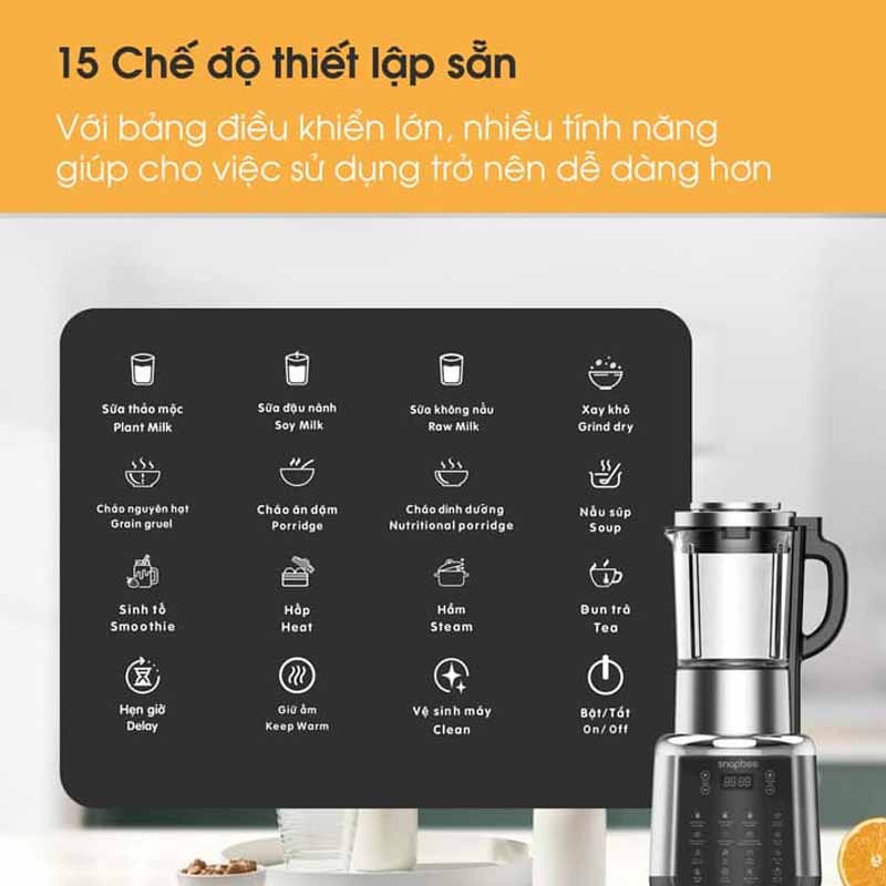 15 chế độ được cài đặt sẵn trên máy làm sữa hạt snapbee