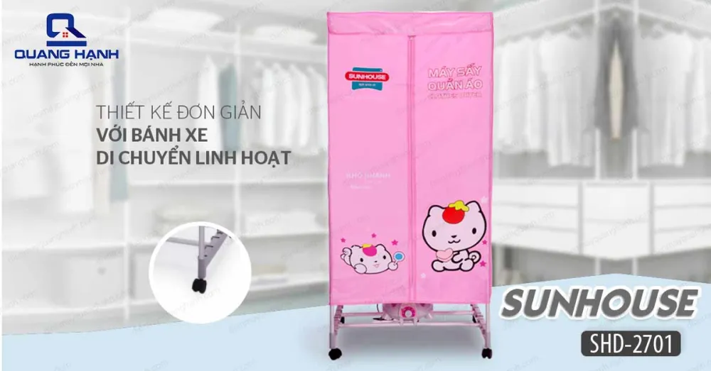 Máy sấy quần áo Sunhouse SHD2701 có chất lượng sử dụng bền bỉ và tiện ích khi thêm bánh xe giúp di chuyển 1 cách dễ dàng.
