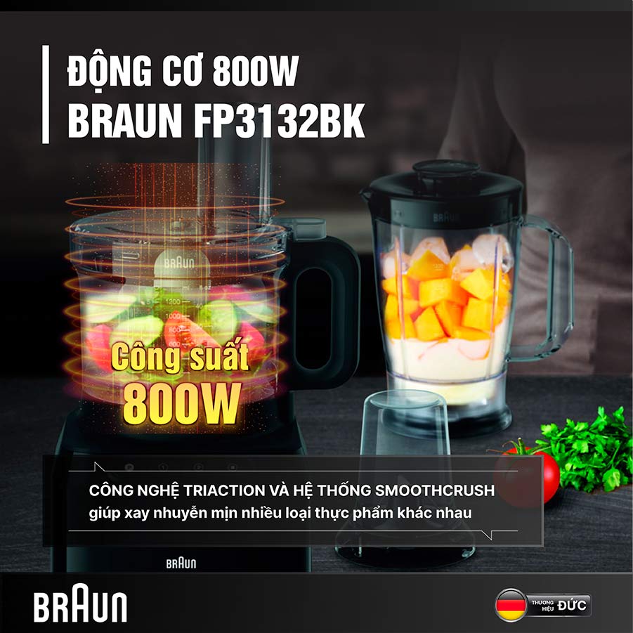 Braun FP3132BK công suất 800W mạnh mẽ xay nhuyễn thực phẩm