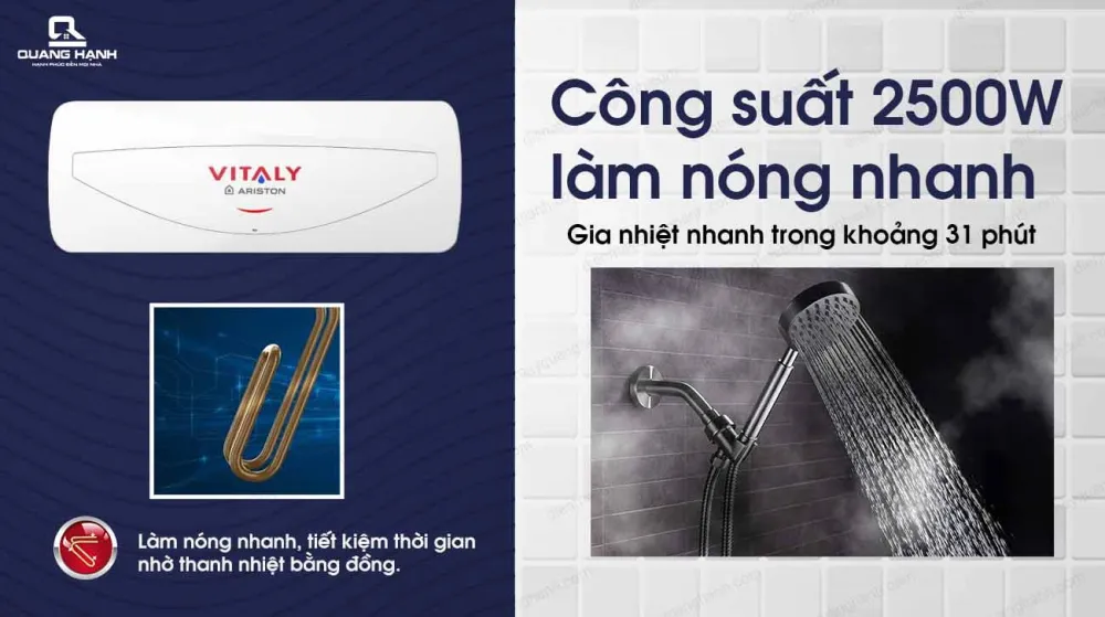 Ariston VITALY 20 SLIM 2.5 FE làm nóng nhanh và bền bỉ với thanh đốt bằng đồng
