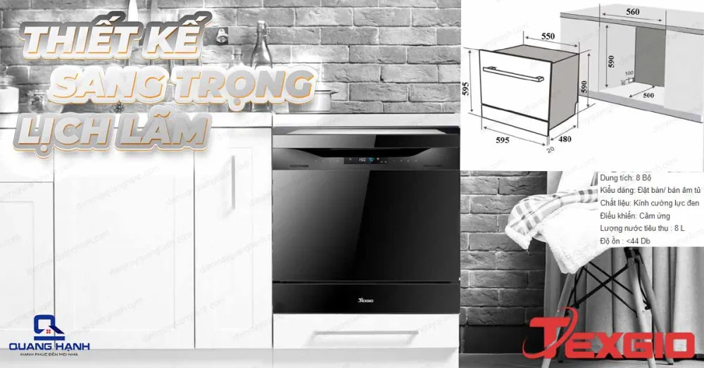 Máy rửa chén bát 8 bộ Texgio H595DT08B có thiết kế sang trọng và lịch lãm