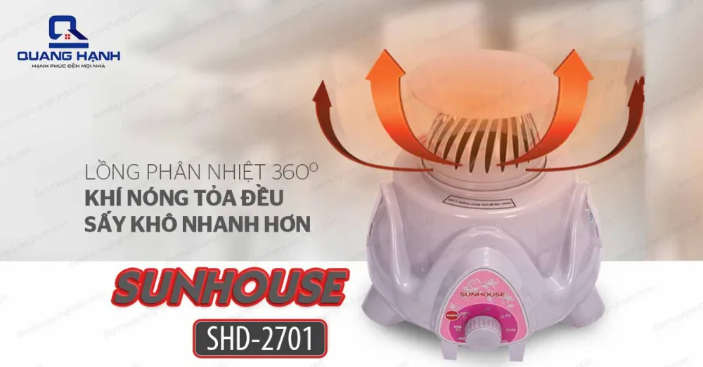 Máy sấy quần áo Sunhouse SHD2701 trang bị lồng phân nhiệt 360 độ giúp khí nóng tỏa đều khiến quá trình sấy khô nhanh hơn.