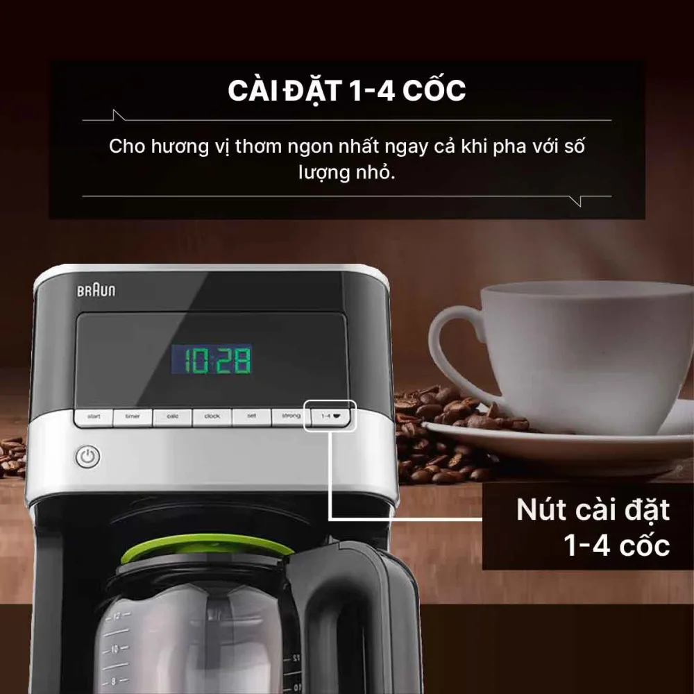 Máy pha cà phê Braun đảm bảo hương vị hoàn hảo với chế độ cài đặt 1-4 cốc