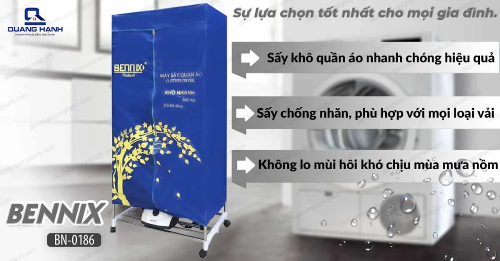 Máy sấy quần áo Thái Lan Bennix BN0186 được trang bị công nghệ sấy chống nhăn giúp bạn tiết kiệm thời gian và bảo vệ quần áo gia đình bạn ở mức tối đa.