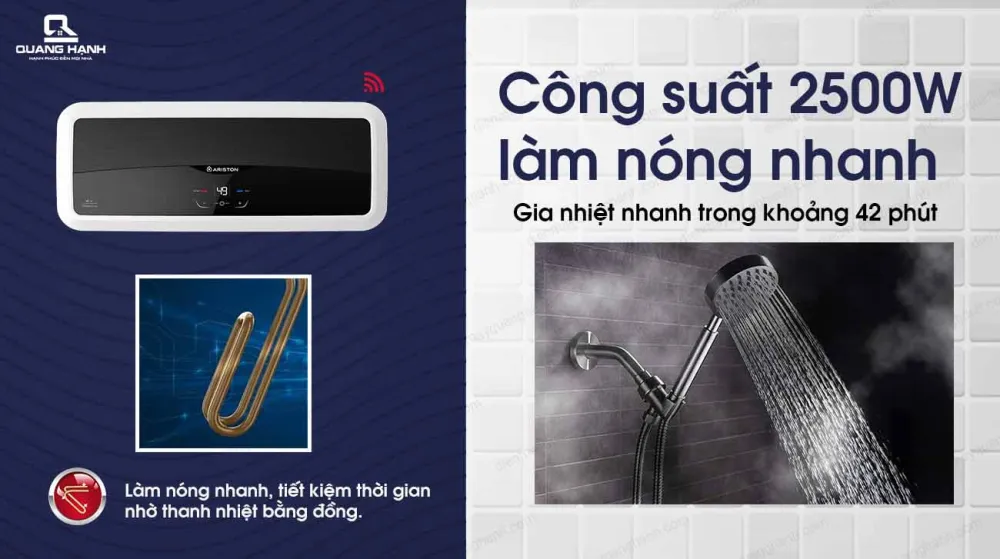 Máy nước nóng Ariston có công suất là 2500 W kết hợp thanh đốt bằng đồng làm nóng nhanh