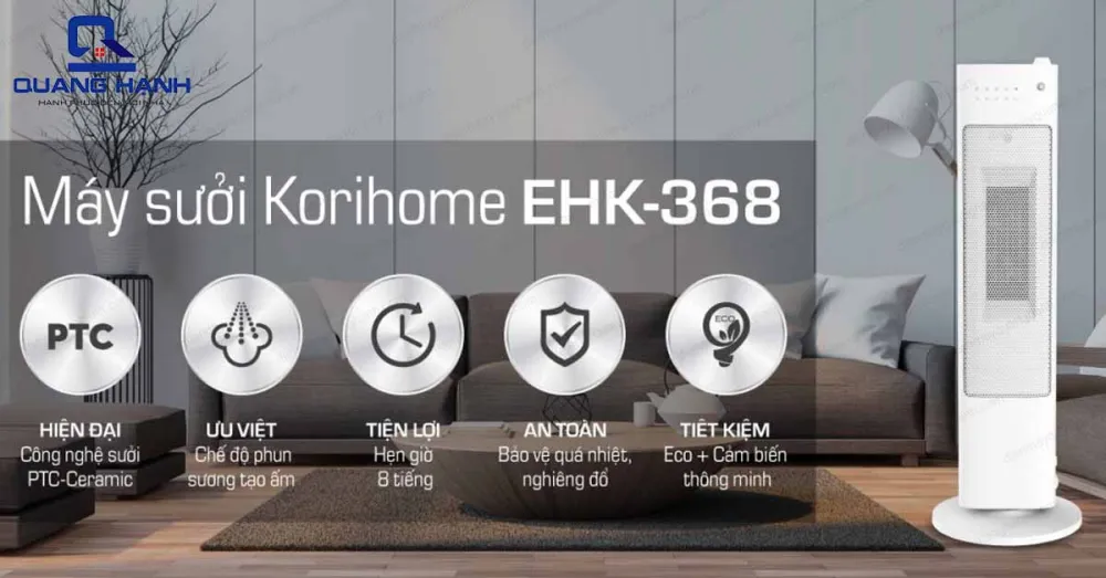 Máy sưởi tháp Korihome EHK-368 có tính năng ngắt tự động khi quá nhiệt hoặc nghiêng đổ vô cùng an toàn với phòng có trẻ nhỏ.