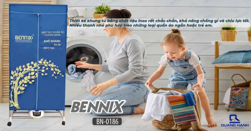 Máy sấy quần áo Thái Lan Bennix BN0186 hoạt động êm ái, bền bỉ, sấy khô nhanh và tiết kiệm điện.