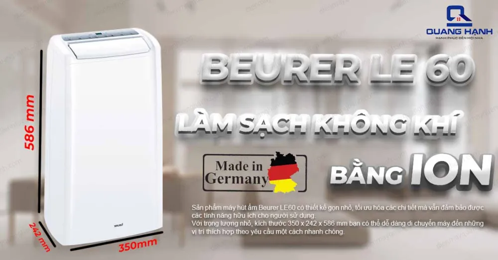 Máy hút ẩm Beurer LE 60 có thiết kế nhỏ gọn, tối ưu hóa các chức năng giúp dễ dàng di chuyển theo nhu cầu sinh hoạt của khách hàng.