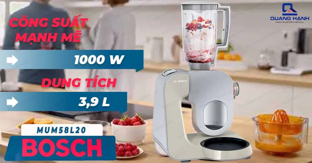 Máy trộn bột đa năng Bosch MUM58L20 có công suất mạnh mẽ cùng dung tích lớn.