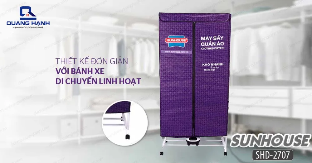 Máy sấy quần áo Sunhouse SHD2707 có trọng lượng không quá nặng, dễ dàng di chuyển tới nhiều nơi khác do thiết kế bánh xe linh hoạt dưới chân.