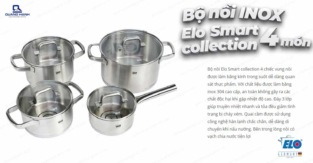 Bộ nồi inox Elo Smart collection 4 chiếc nắp kính