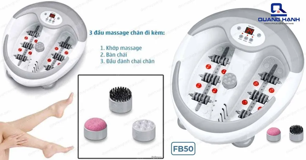 Bồn ngâm chân Beurer FB50 gồm 4 mẩu nam châm gắn trong bồn ngâm, bồn ngâm và 3 đầu massage.