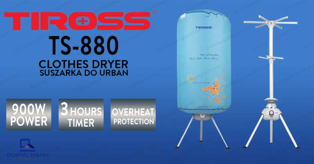 Máy sấy quần áo Tiross TS 880 được trang bị công suất mạnh mẽ, chế độ đặt giờ và đảo gió đối lưu tiện ích và hiện đại.