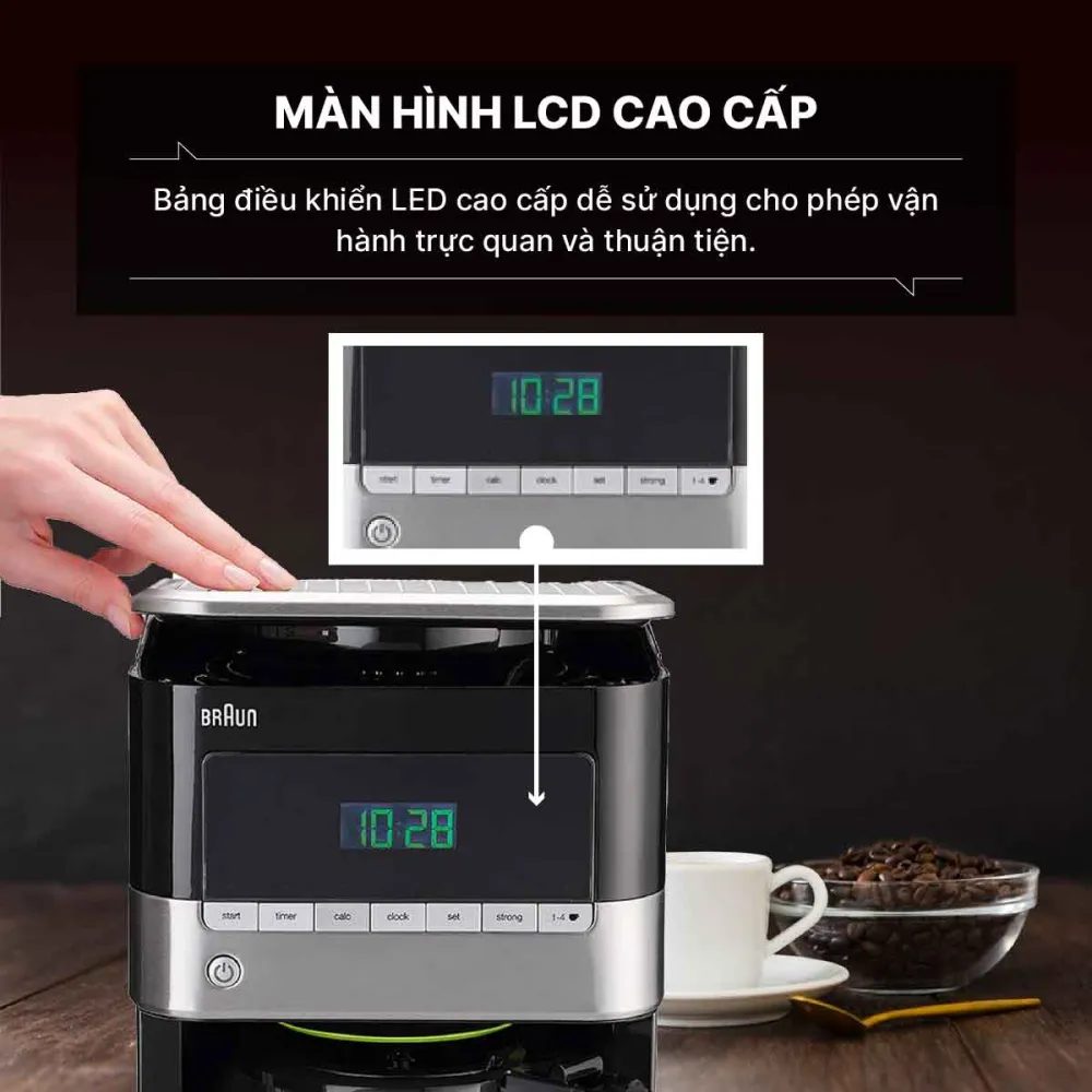 Máy pha cà phê Braun KF7120BK sở hữu màn hình LCD hiển thị rõ ràng