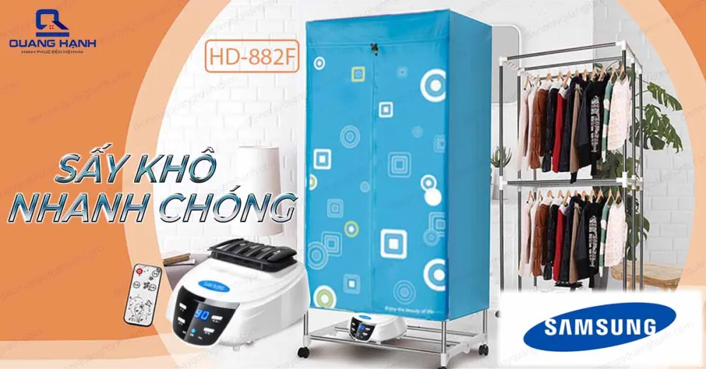 Tủ sấy quần áo Samsung HD-882F được trang bị công suất lớn cùng công nghệ hiện đại giúp cho quá trình sấy diễn ra nhanh hơn.