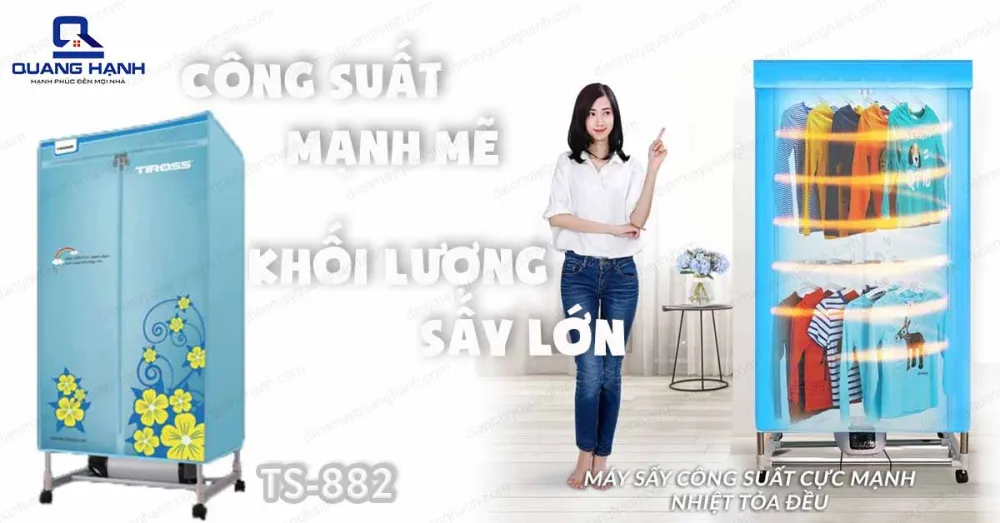 Máy sấy quần áo Tiross TS882 được trang bị công suất mạnh mẽ và khối lượng sấy lớn.