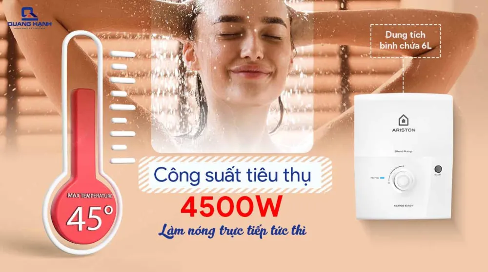 Máy nước nóng trực tiếp Ariston Aures Easy 4.5P có công suất 4500W