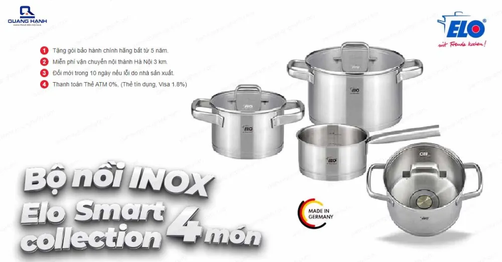Bộ nồi inox Elo Smart collection 4 chiếc nắp kính
