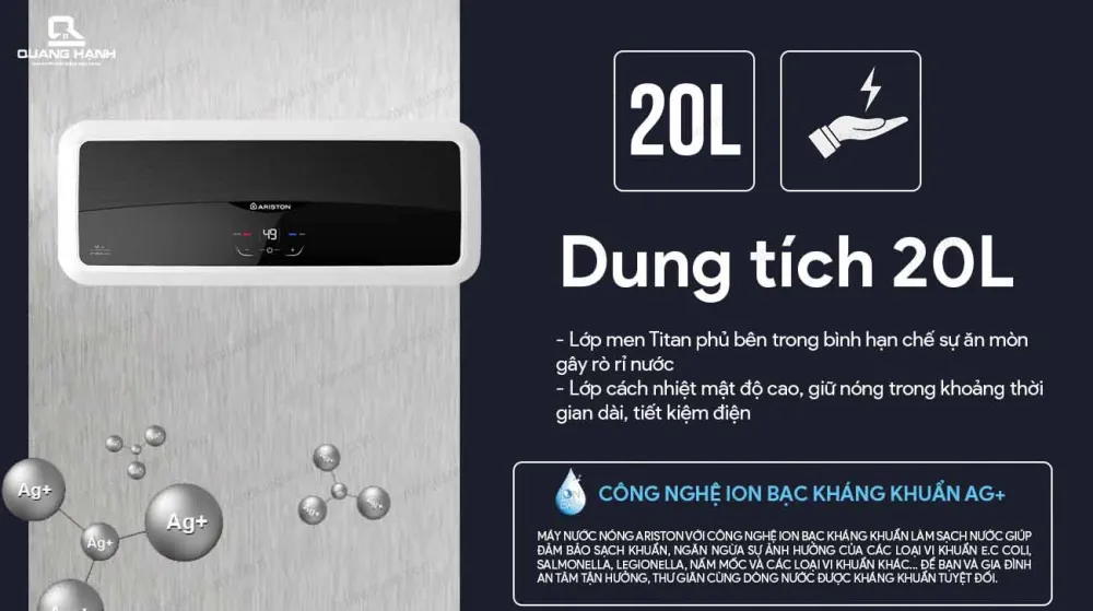 Ariston SL2 20 LUX - D AG+ 2.5F tích hợp công nghệ bạc kháng khuẩn
