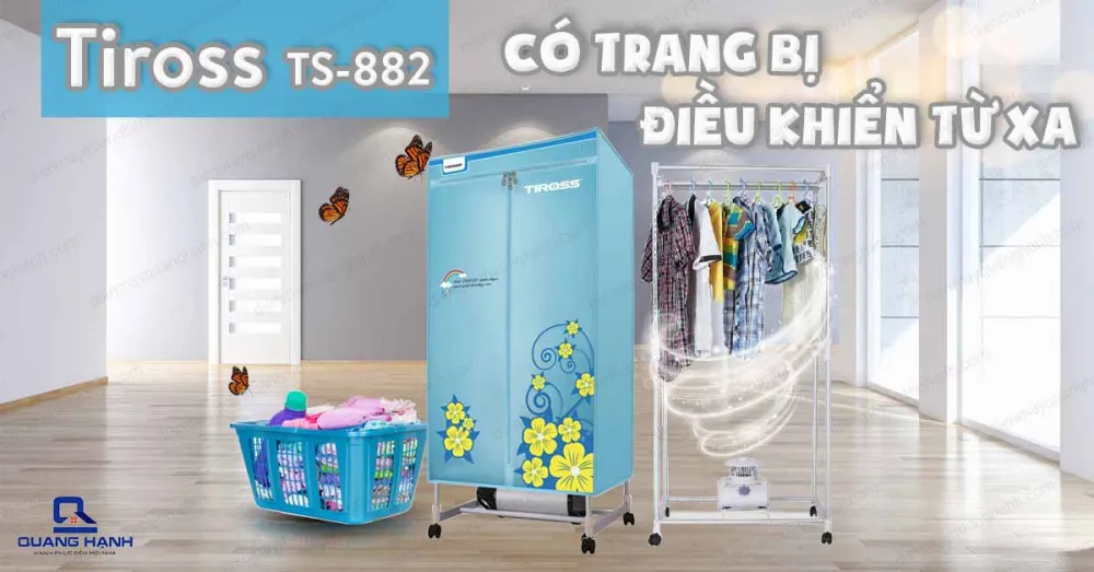 Máy sấy quần áo Tiross TS882 có trang bị điều khiển từ xa đi kèm vô cùng tiện dụng.