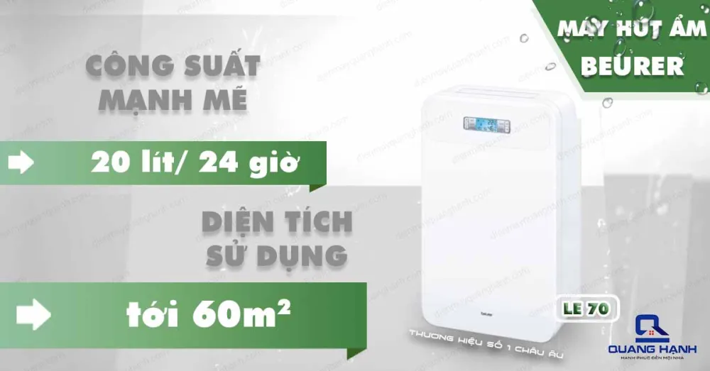 Máy hút ẩm Beurer LE 70 có công suất hút mạnh mẽ 20l/24h cùng diện tích sử dụng lên đến 60m2