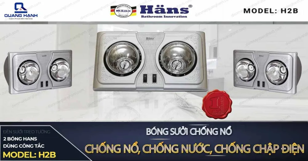 Đèn sưởi nhà tắm Hans H2B trang bị bóng đèn chấp nổ, chống nước, cháy nổ, chập điện tuyệt đối an toàn.