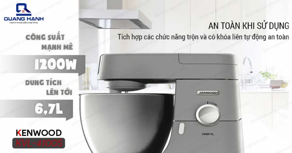 Máy trộn đa năng Kenwood KVL4100S được trang bị công suất mạnh mẽ 1200W cùng cối trộn lớn với dung tích lên tới 6,7L