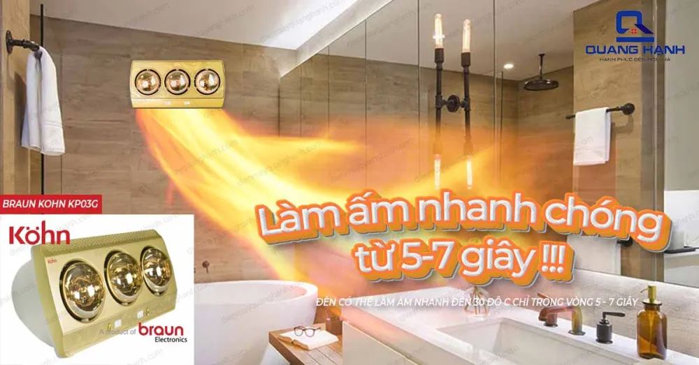 Đèn sưởi nhà tắm Braun Kohn KP03G làm ấm nhanh chóng từ 5-7 giây.