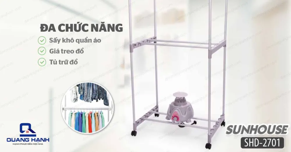Máy sấy quần áo Sunhouse SHD2701 sử dụng công nghệ sấy tĩnh học hiện đại giúp khi sấy không làm hư hại tới quần áo.