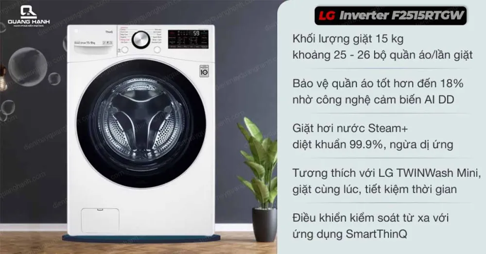 Máy giặt sấy LG Inverter 15 kg F2515RTGW