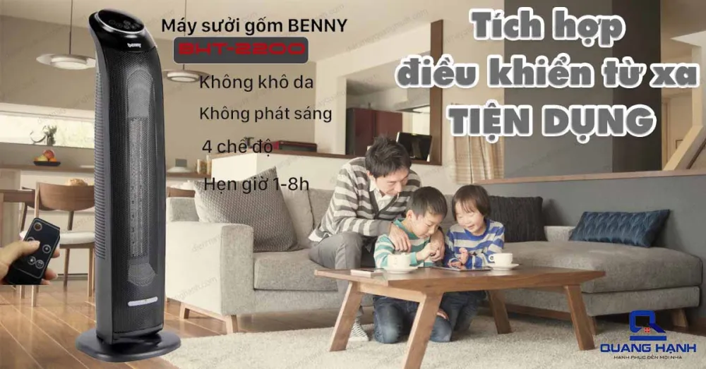 Quạt sưởi gốm Beny BHT-2200 trang bị điều khiển từ xa tiện ích cùng tính năng tự ngắt khi máy nghiêng hay đổ đảm bảo an toàn và tiện ích.
