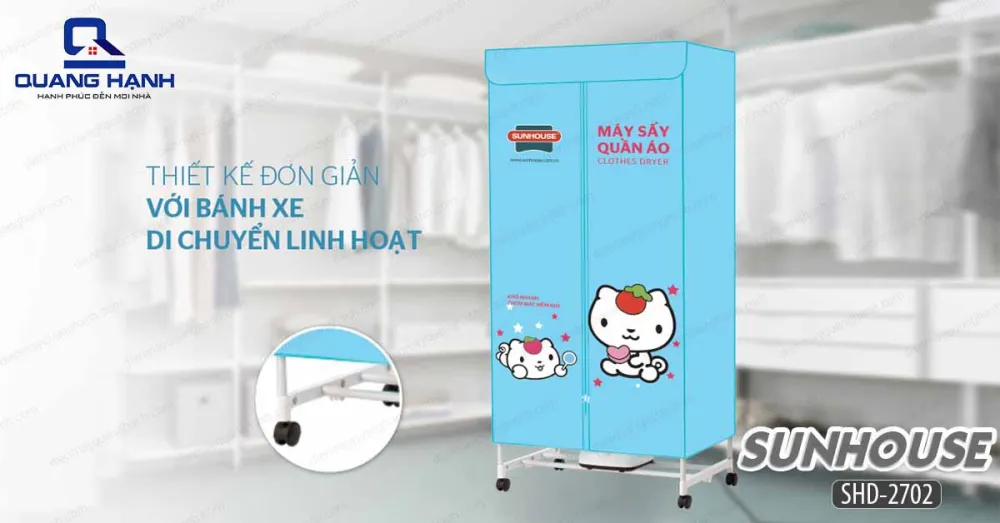 Máy sấy quần áo Sunhouse SHD2702 thiết kế đơn giản tinh tế cùng bánh xe dễ dàng di chuyển linh hoạt.