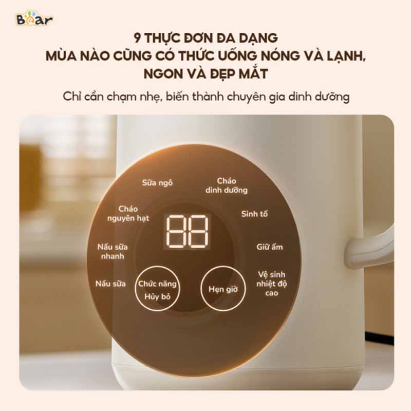 Chức năng của máy bao gồm: Nấu sữa, cháo, giữ ấm, vệ sinh nhiệt độ cao, hẹn giờ