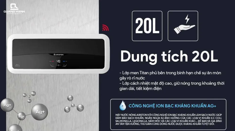 Máy nước nóng gián tiếp Ariston SL2 20 LUX - D AG+ WiFI 20 lít 2.5FE tích hợp công nghệ ion Bạc Ag+ kháng khuẩn