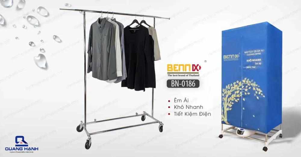 Máy Sấy Quần Áo Bennix BN-0186 với công suất lớn nên thời gian sấy khô rất nhanh nhưng với công nghệ cao nên rất tiết kiệm điện.