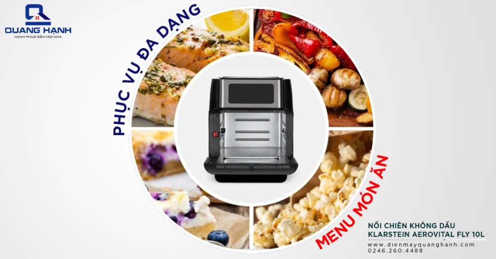 Đánh giá:ratingXem đánh giá (Có 0 đánh giá) Mã sản phẩm: 7622 Model: Kho hàng: Còn hàng Tình trạng: Mới Chính Hãng Thông tin bảo hành: 12 tháng -45% Giá thị trường: 8.790.000 đ Giá bán: 4.850.000 đ Số lượng: 1 Tổng quanThông số kỹ thuậtHướng dẫnVideo Nồi chiên không dầu Klarstein Aerovital Fly 10L có tốt không? * * * * * Nồi chiên không dầu Klarstein Aerovital Fly 10L là một dòng sản phẩm lý tưởng đối với các bà nội trợ bởi có thể nấu với số lượng nhiều, đảm bảo giữ được dinh dưỡng cho các món ăn và đặt biệt, chống dính hiệu quả. Với kiểu dáng tinh tế cùng kích thước nhỏ gọn, dòng máy này có thể di chuyển dễ dàng và là “trợ thủ đắc lực” cho các bà nội trợ. Hãy cùng điện máy Quang Hạnh tìm hiểu xem nồi chiên không dầu Klarstein Aerovital Fly 10L có tốt không nhé! nồi chiên không dầu Klarstein Aerovital Fly 10L 1.Khái quát về nồi chiên không dầu Klarstein Aerovital Fly 10L 1.1. Nguồn gốc, xuất xứ Klarstein là một hãng sản xuất hàng gia dụng đứng top 10 tại Đức. Được thành lập nhiều năm, độ uy tín của thương hiệu này không dừng lại ở máy ép hoa quả mà còn ở sản phẩm nồi chiên không dầu. Một trong những sản phẩm có tiếng phải kể đến đó chính là Nồi chiên không dầu Klarstein Aerovital Fly 10L. 1.2. Tính năng của nồi chiên không dầu Klarstein Aerovital Fly 10L Nồi chiên không dầu Klarstein Aerovital Fly 10L hỗ trợ công việc rán, chiên trở nên dễ dàng hơn mà không cần sử dụng đến dầu mỡ, tiết kiệm được nguyên liệu trong quá trình chế biến món ăn, giảm thiểu độ béo và nâng cao sức khỏe. Bên cạnh đó, hàm lượng dinh dưỡng của món ăn cũng được giữ lại trọn vẹn nhờ dòng nồi chiên này, mọi người sẽ có được những món ăn thơm ngon hơn thường ngày, khiến gia đình càng thêm yêu thương nhau hơn. 1.3.Ưu điểm vượt trội của dòng sản phẩm nồi chiên không dầu Klarstein Aerovital Fly 10L Nồi chiên không dầu Klarstein Aerovital Fly 10L sử dụng công nghệ chiên đối lưu. Dây Mayso đốt nóng không khí, quạt gió tuần hoàn không khí bên trong giúp thức ăn chín đều, giữ được độ ẩm thực phẩm bên trong, vàng đều giòn rụm bên ngoài.. nồi chiên không dầu Klarstein Aerovital Fly 10L Khay hứng mỡ được trang bị trong nồi không chỉ để hứng mỡ thừa mà còn là công cụ hữu hiệu cho các nàng nội trợ. Bạn có thể cho thêm 1 ít nước vào khay hứng mỡ này, hơi nước từ khay hứng mỡ này cấp ẩm ngược trở lại cho thức ăn, đồng thời lượng mỡ thừa chảy xuống không bị cháy khét (sinh ra chất độc hại), vừa bảo vệ sức khỏe, lại cực kì dễ vệ sinh. Ngoài ra nồi còn đi kèm với bộ phụ kiện đầy đủ giúp người dùng có thể làm được mọi món ăn như mong muốn. Các loại thực phẩm từ thịt, cá, gà, tôm, cua, hải sản, làm bánh... thậm chí là nguyên con gà trên 2kg nhờ công suất khủng, ứng dụng công nghệ ưu việt của Đức giúp thức ăn chín đều từ trong ra ngoài và giữ lại được hàm lượng dinh dưỡng cao. 2.Chế độ ưu đãi của Quang Hạnh dành cho khách hàng. Chúng tôi cam kết sản phẩm chính hãng, bạn được kiểm tra hàng khi nhận hàng. Thanh toán bằng nhiều hình thức linh hoạt, vận chuyển toàn quốc. Nồi chiên không dầu Klarstein Aerovital Fly 10L có kích thước mẫu mã sang trọng, hơn hẳn nhiều dòng nồi chiên khác trên thị trường hiện nay, điều này khiến nó được lòng người tiêu dùng hơn cả. 3.Phụ kiện kèm theo của nồi. Nồi chiên không dầu Klarstein Aerovital Fly 10L không chỉ được bán đơn lẻ mà còn đi kèm theo một số phụ kiện như: 1 lồng chiên khoai tây( sản phẩm này hiện tại chỉ bán theo nồi). 1 bộ xiên gà. 1 giỏ chiên đồ ăn. 1 bộ que gắp đồ ăn. 1 khay hứng mỡ. 1 vỉ nướng. 4.Tại sao điện máy Quang Hạnh lại được nhiều người đặt niềm tin mua bán? Với kinh nghiệm mua bán hơn 10 năm, điện máy Quang Hạnh đã có nhiều khách hàng yêu thương và tin tưởng. Là nơi chuyên cung cấp các dòng sản phẩm điện máy được nhập khẩu chính hãng, thông tin chuẩn xác, bảo hành đầy đủ giúp cho mọi người yên tâm trao gửi niềm tin, lựa chọn chúng tôi để mua hàng. 5.Lưu ý khi sử dụng nồi chiên không dầu 5.1.Làm nóng nồi trước khi sử dụng Nhiều nhà sản xuất khuyên bạn nên làm nóng nồi chiên không dầu tầm 3 phút trước khi cho thực phẩm vào nấu để đảm bảo thực phẩm có thể được làm chín nhanh chóng. 5.2.Tận dụng dầu có sẵn trên thực phẩm Khoai tây, hải sản,...sẽ ngon hơn khi chiên nếu tẩm ướp thêm dầu. Tuy nhiên thịt gà sẫm màu, thịt bò xay, thịt mỡ,...là những thực phẩm chứa sẵn hàm lượng chất béo thì bạn có thể tận dụng lớp mỡ thừa đó mà không cần phải ướp thêm bất cứ thứ gì.. 5.3.Bôi mỡ/dầu vào nồi để chống dính Đối với những loại thức ăn dễ dính thì bạn nên bôi thêm một lớp mỡ dầu vào để chống dính hiệu quả hơn. 6.Một số câu hỏi thường gặp 6.1.Thông số kỹ thuật của nồi chiên không dầu Klarstein Aerovital Fly 10L là bao nhiêu? Đáp: Thông số kỹ thuật của nồi chiên không dầu Klarstein Aerovital Fly 10L là: Dung tích : 10L. Công suất: 1500W. Nguồn điện: 220-240V ~ | 50/60 Hz. Kích thước (có tay cầm): xấp xỉ 36 x 37 x 32 cm (WxHxD). Kích thước bên trong: khoảng 26 x 17,5 x 23,5 cm (WxHxD). 6.2.Nồi chiên không dầu Klarstein Aerovital Fly 10L có làm bánh được không, có rã đông được không? Đáp: Giống một chiếc lò điện, dòng nồi này có thể nướng bánh, hấp bánh tùy thích. Ngoài ra bạn có thể dùng nồi này để rã đông, hâm nóng thức ăn. Thật quá tiện lợi phải không nào? 6.3.Vì sao nói nồi chiên không dầu tốt cho sức khỏe? Đáp: Bởi nó không hề sử dụng thêm dầu mỡ trong quá trình chiên, đồng thời loại bỏ hơn 80% dầu mỡ không tốt cho sức khỏe. Nồi chiên không dầu Klarstein Aerovital Fly 10L Bài viết trên đã giúp mọi người biết được thông tin chi tiết về Nồi chiên không dầu Klarstein Aerovital Fly 10L để giúp người tiêu dùng có thể có được quyết định nhanh chóng trong việc mua sản phẩm này về sử dụng cho gia đình. Điện máy Quang Hạnh sẵn sàng hỗ trợ tư vấn mọi vấn đề liên quan đến sản phẩm nếu quý khách hàng quan tâm và muốn đặt mua sản phẩm này. ------------------------------------------------------------- CAM KẾT TỪ ĐIỆN MÁY QUANG HẠNH ✅ Sản phẩm: 100% CHÍNH HÃNG, nhập nguyên đai nguyên kiện ✅ Bảo hành: CHÍNH HÃNG ✅ Vận chuyển lắp đặt: Uy tín - Nhanh chóng - Đúng hẹn ✅ Dịch vụ sau bán hàng: An tâm, đảm bảo tuyệt đối. ------------------------------------------------------------- LIÊN HỆ MUA HÀNG CHÍNH HÃNG VÀ BẢO HÀNH Quý khách có nhu cầu đặt hàng hoặc bảo hành sản phẩm, xin vui lòng liên hệ trực tiếp: Công ty TNHH Thương Mại và Hữu Nghị Lê Gia ☎️ Hotline: 024 6260 4488 / 0888.247.666 🏠 Địa chỉ: Số 313, Giảng Võ, P. Cát Linh, Đống Đa, Hà Nội 🌐 https://dienmayquanghanh.com 📘 Fanpage:https://www.facebook.com/dienmaygiadungquanghanh/ ĐIỆN MÁY QUANG HẠNH – HẠNH PHÚC ĐẾN MỌI NHÀ