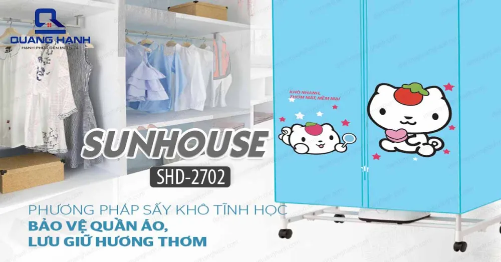 Máy sấy quần áo Sunhouse SHD2702 sử dụng phương pháp sấy khô tĩnh học không gây hư hại quần áo trong quá trình sấy và vẫn giữ được hương thơm cho quần áo.