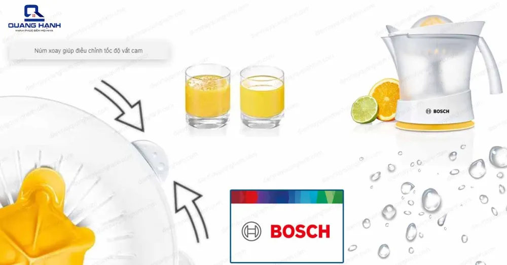 Máy vắt cam Bosch MCP3500N được trang bị thêm núm xoay giúp điều chỉnh tốc độ vắt linh hoạt