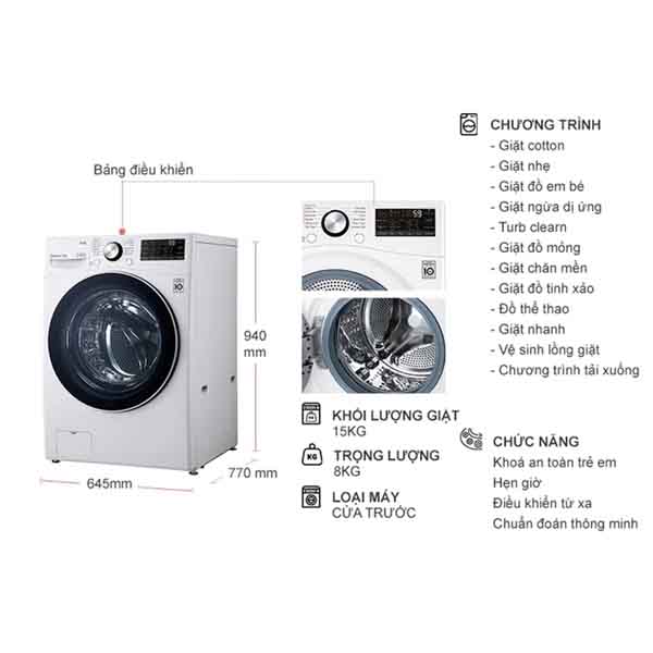 Máy giặt sấy LG Inverter 15 kg F2515RTGW