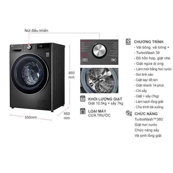 Máy giặt sấy LG Inverter 10.5 kg FV1450H2B