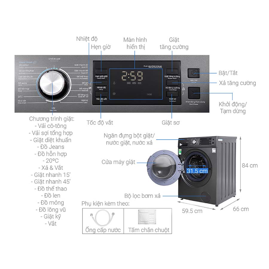 Máy giặt Casper Inverter 12.5 kg WF-125I140BGB