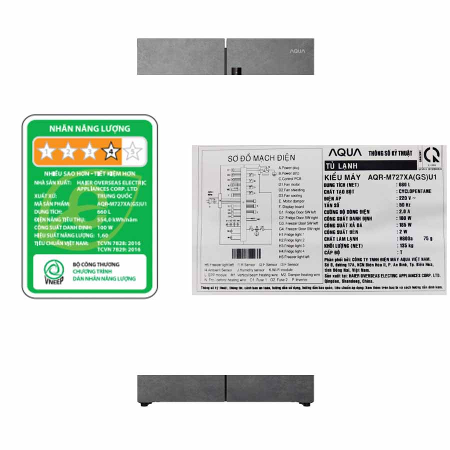 Tủ lạnh Aqua Inverter 660 lít Multi Door AQR-M727XA(GS)U1