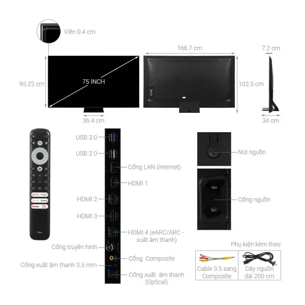 Google Tivi QD-Mini LED TCL AI 4K 75 inch 75C755