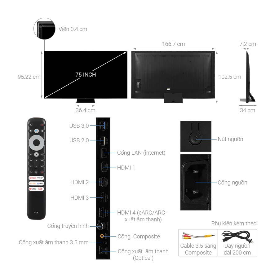 Google Tivi QD-Mini LED TCL AI 4K 75 inch 75C755